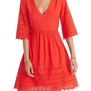 Vibrant Red Eyelet V-Neck Dress